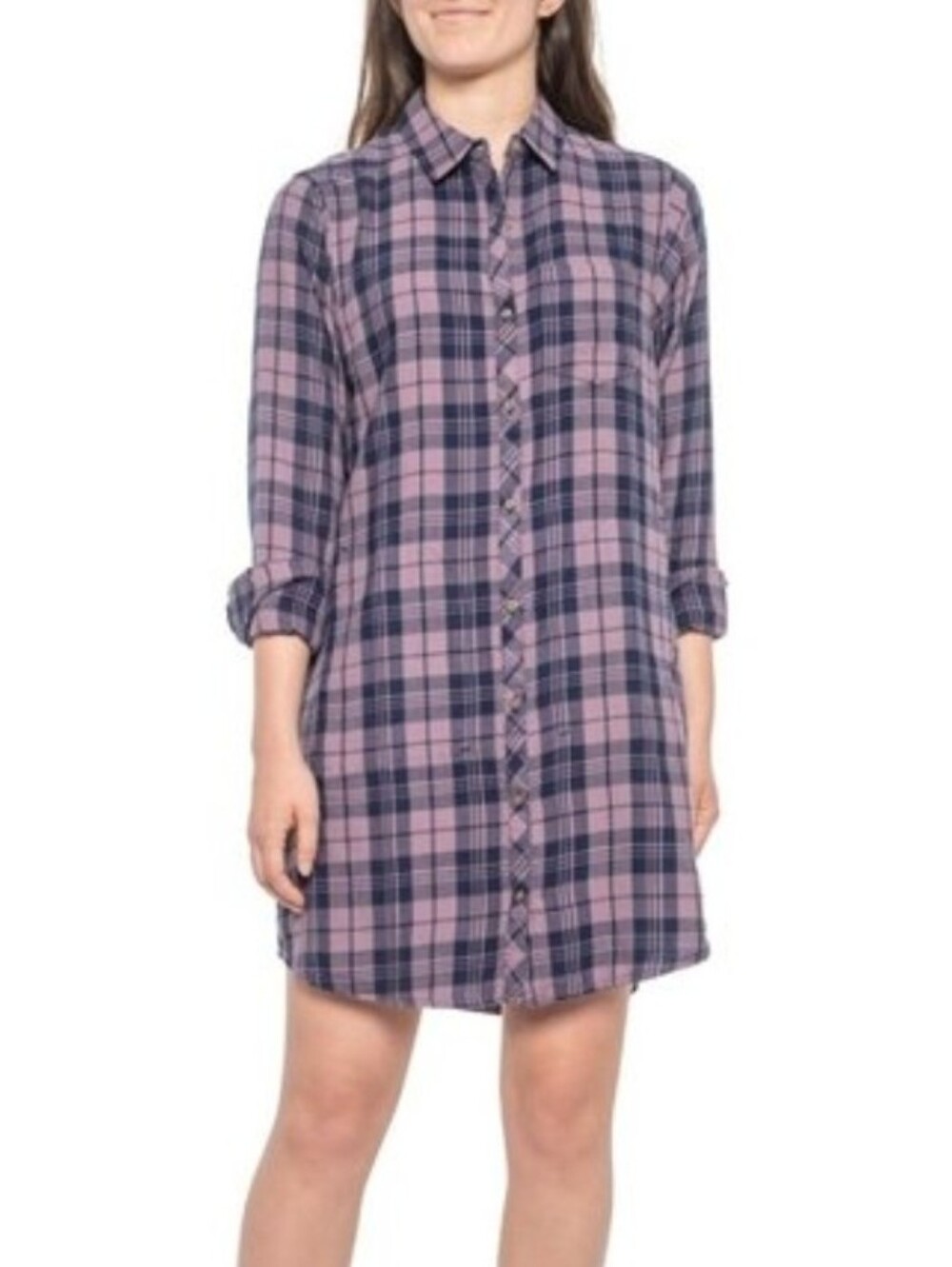 Toad&Co Duniway LS 100% Organic Cotton Flannel Shirt Dress Pink Blue Plaid Med